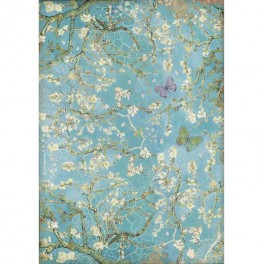 Papel de arroz A4 Fondo azul de flores con mariposa Atelier de Sara Alcobendas